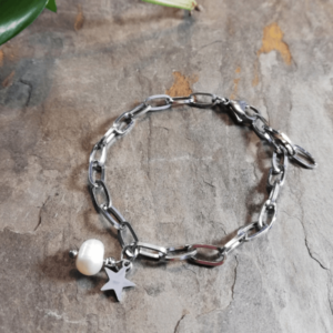 rvs grove schakelarmband parel ster zilver