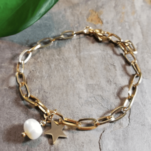 rvs grove schakelarmband goud zoetwaterparel en ster